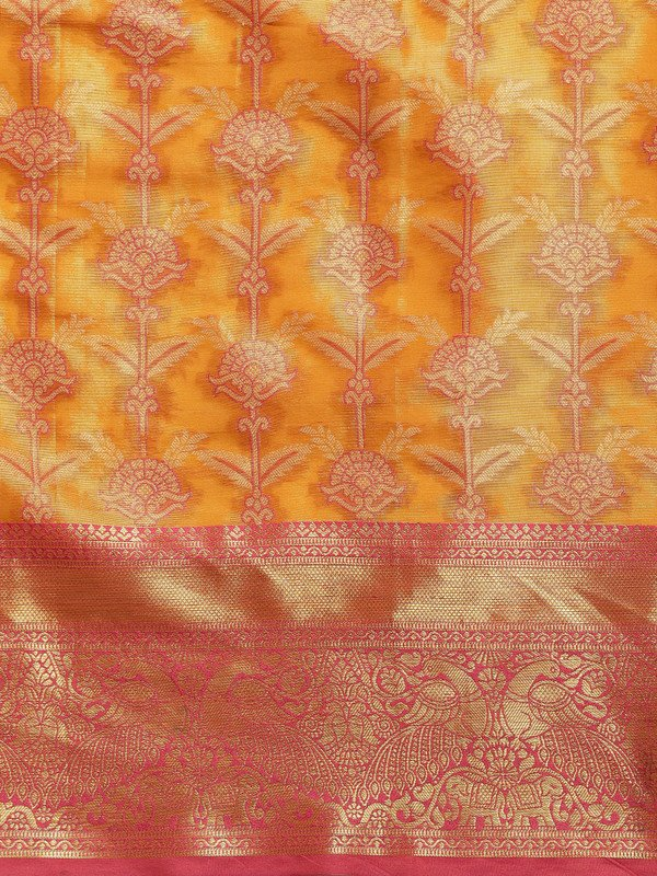 Mustard Brocade Zari Woven Floral Saree with Unstitched Blouse