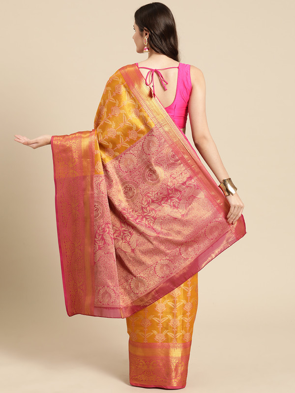 Mustard Brocade Zari Woven Floral Saree with Unstitched Blouse
