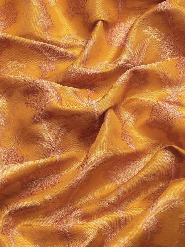 Mustard Brocade Zari Woven Floral Saree with Unstitched Blouse