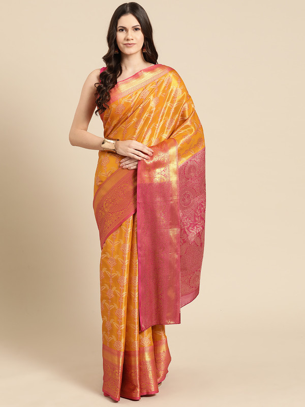 Mustard brocade saree with zari woven floral pattern and matching unstitched blouse piece.