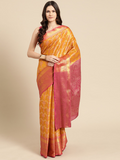 Mustard brocade saree with zari woven floral pattern and matching unstitched blouse piece.