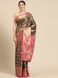 Black brocade saree with Zari woven floral pattern and unstitched blouse piece