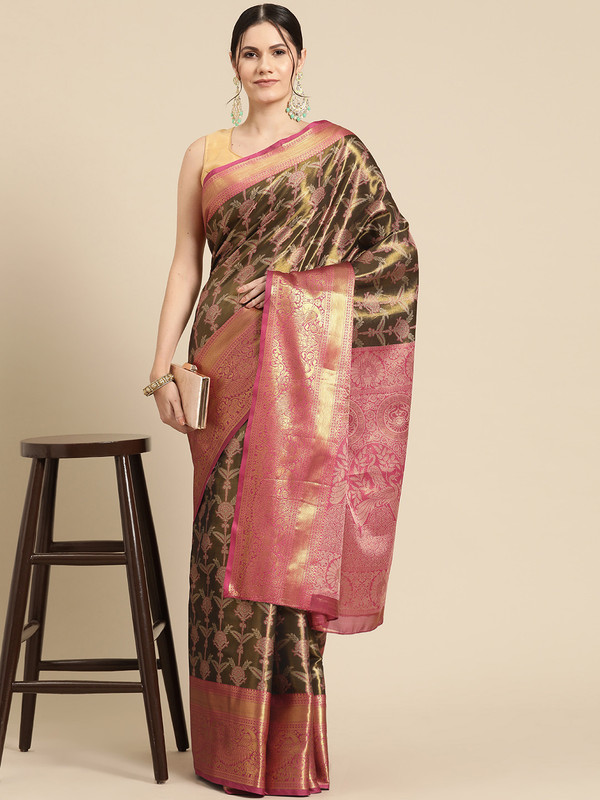 Black Brocade Zari Woven Floral Saree with Blouse Piece