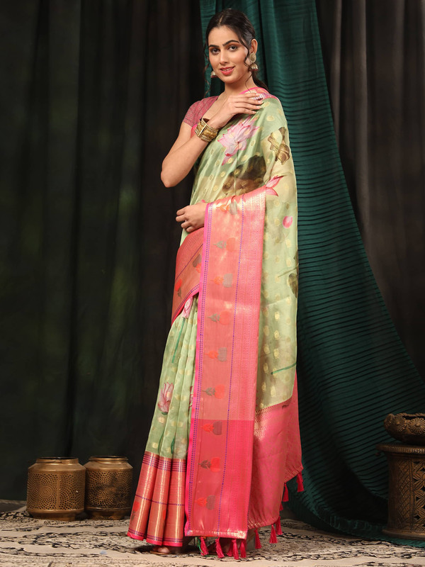 Green Art Silk Floral Digital Print Saree