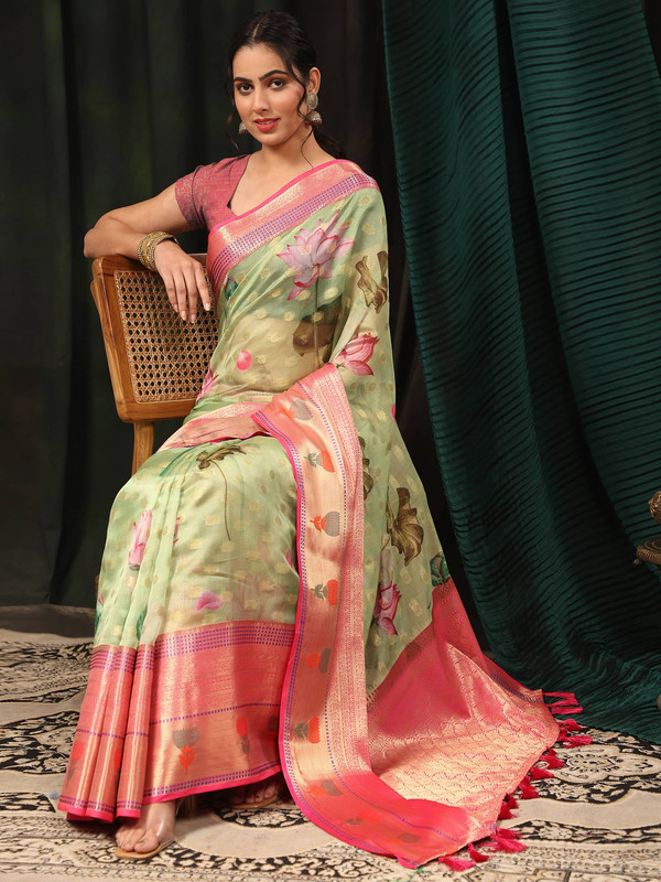 Green Art Silk Floral Digital Print Saree
