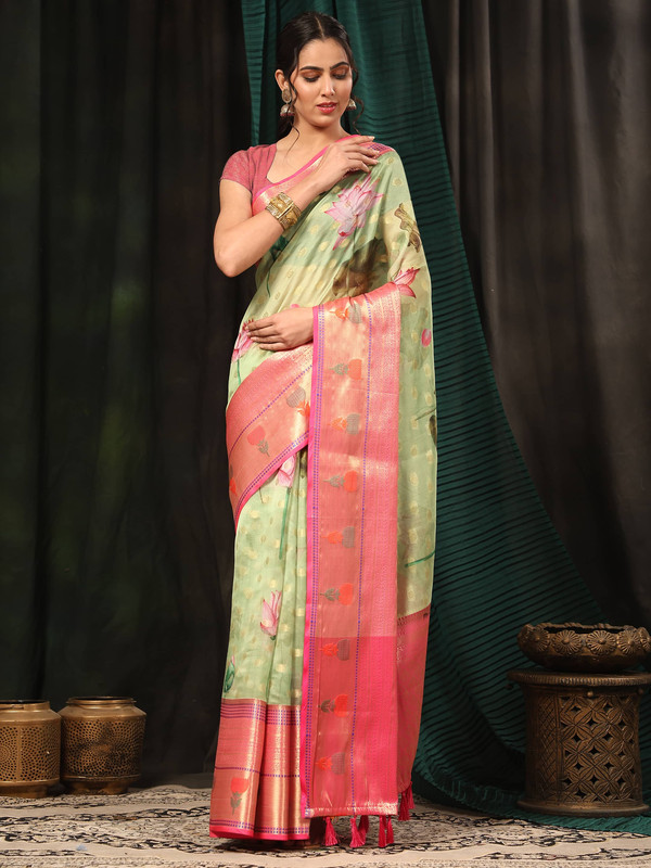 Green art silk saree with floral digital print and unstitched blouse