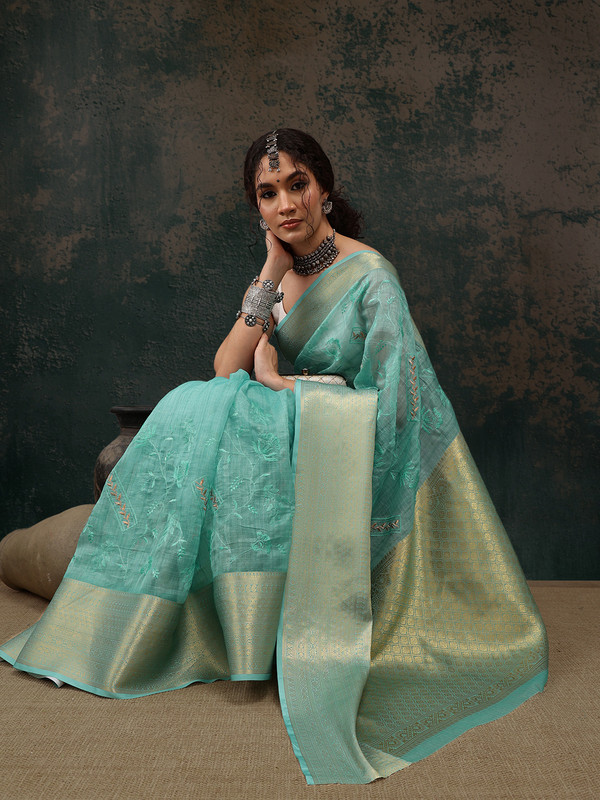 Turquoise Kota Doria Embroidered Floral Saree, Unstitched Blouse