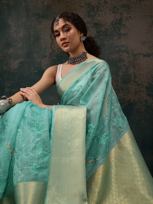 Turquoise Kota Doria Embroidered Floral Saree, Unstitched Blouse