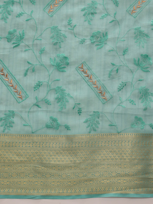 Turquoise Kota Doria Embroidered Floral Saree, Unstitched Blouse