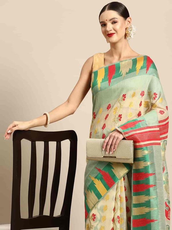 Green Pure Cotton Woven Zari Design Floral Saree with Unstitched Blouse - Hiral Fashion