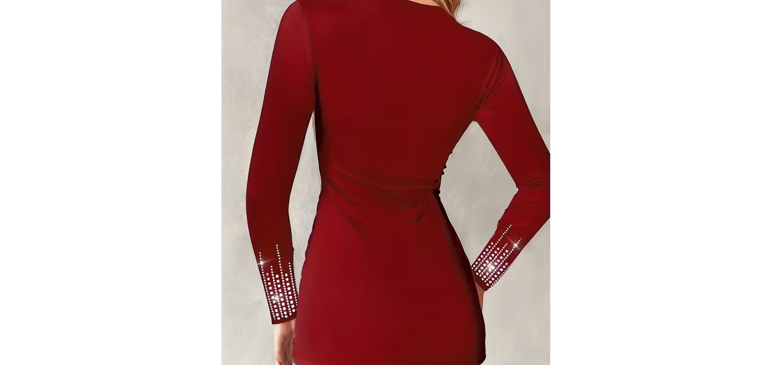 Women's V-Neck Long Sleeve Rhinestone Detail Knit Top in Red - Image 3