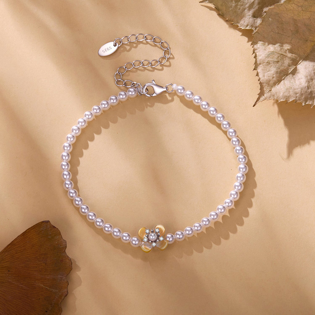 925 Sterling Silver White Gold Plated Nacre Synthetic Pearl CZ 16+5cm Bracelet for Women