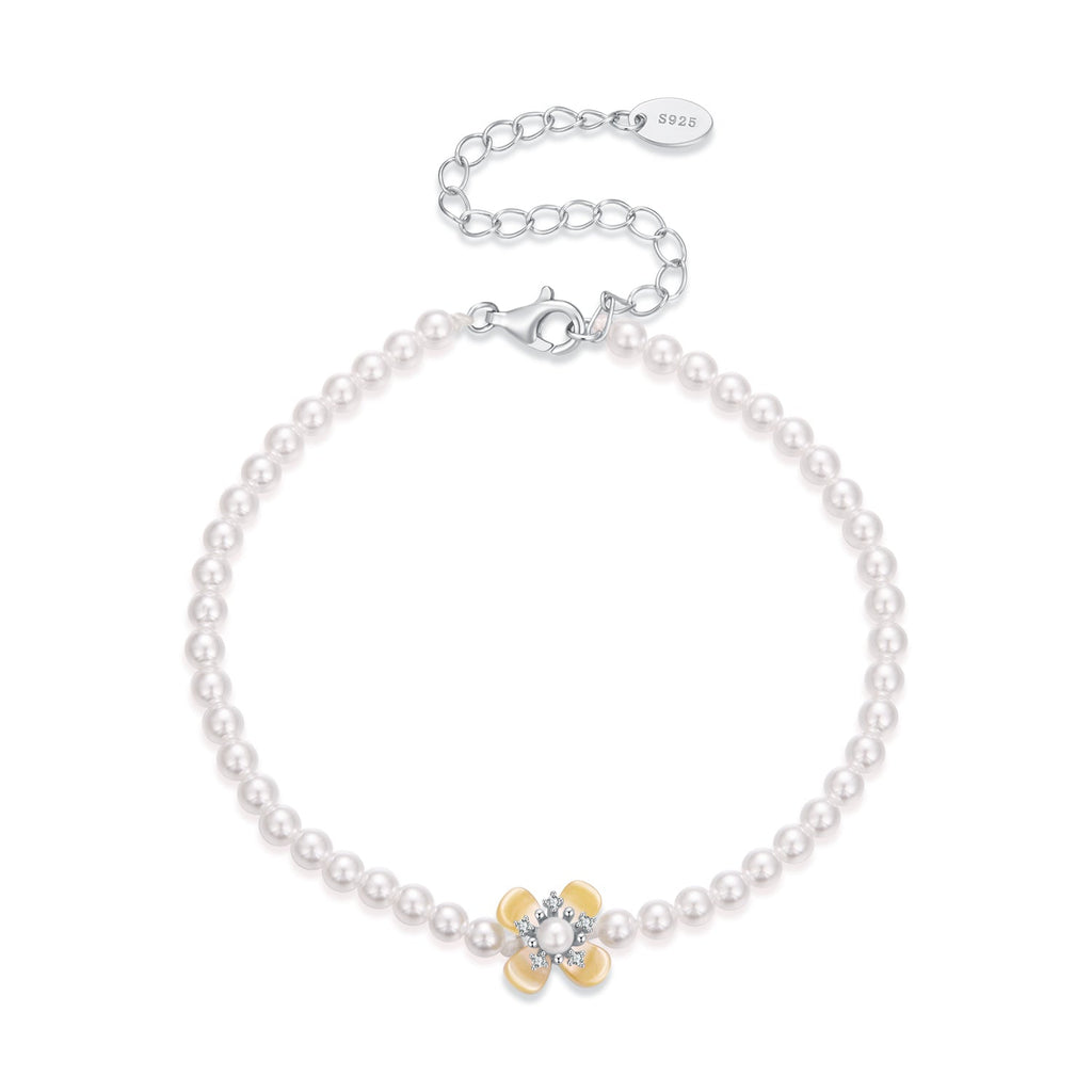 925 Sterling Silver White Gold Plated Nacre Synthetic Pearl CZ 16+5cm Bracelet for Women