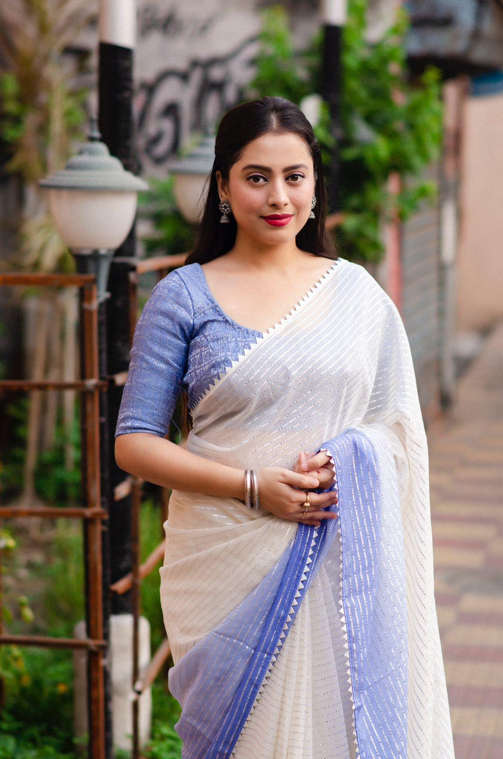 Lavender Poly Chiffon Striped Saree with Tie & Dye Patola Blouse