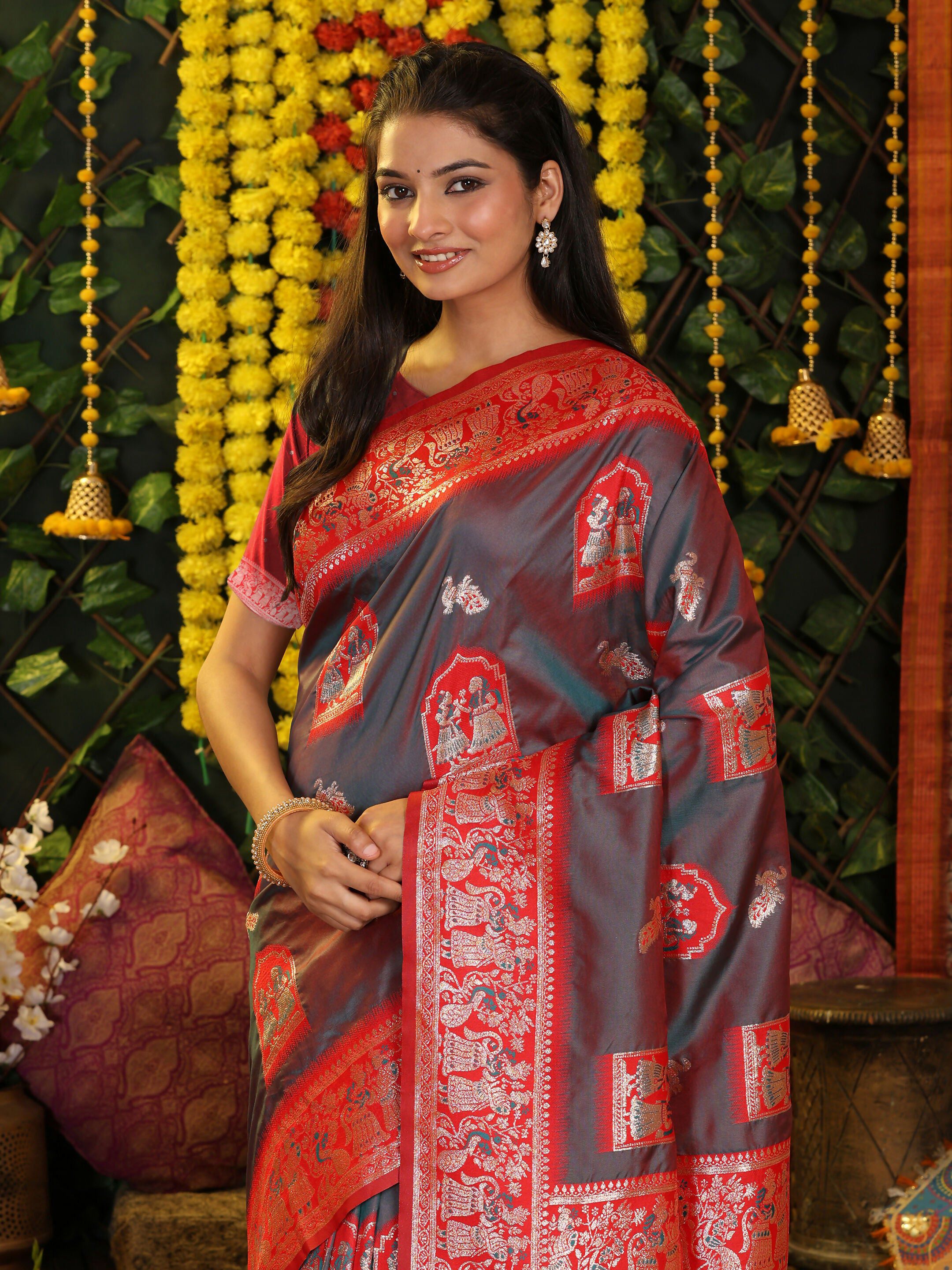 Grey Silk Saree with Contrasting Red Blouse