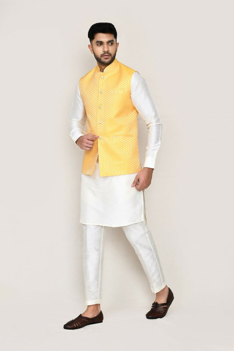 White Art Silk Kurta with Matching Jacket and Straight Fit Pant