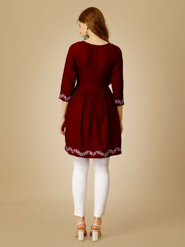 Maroon Embroidered Casual Top with Sequence Work in Rayon