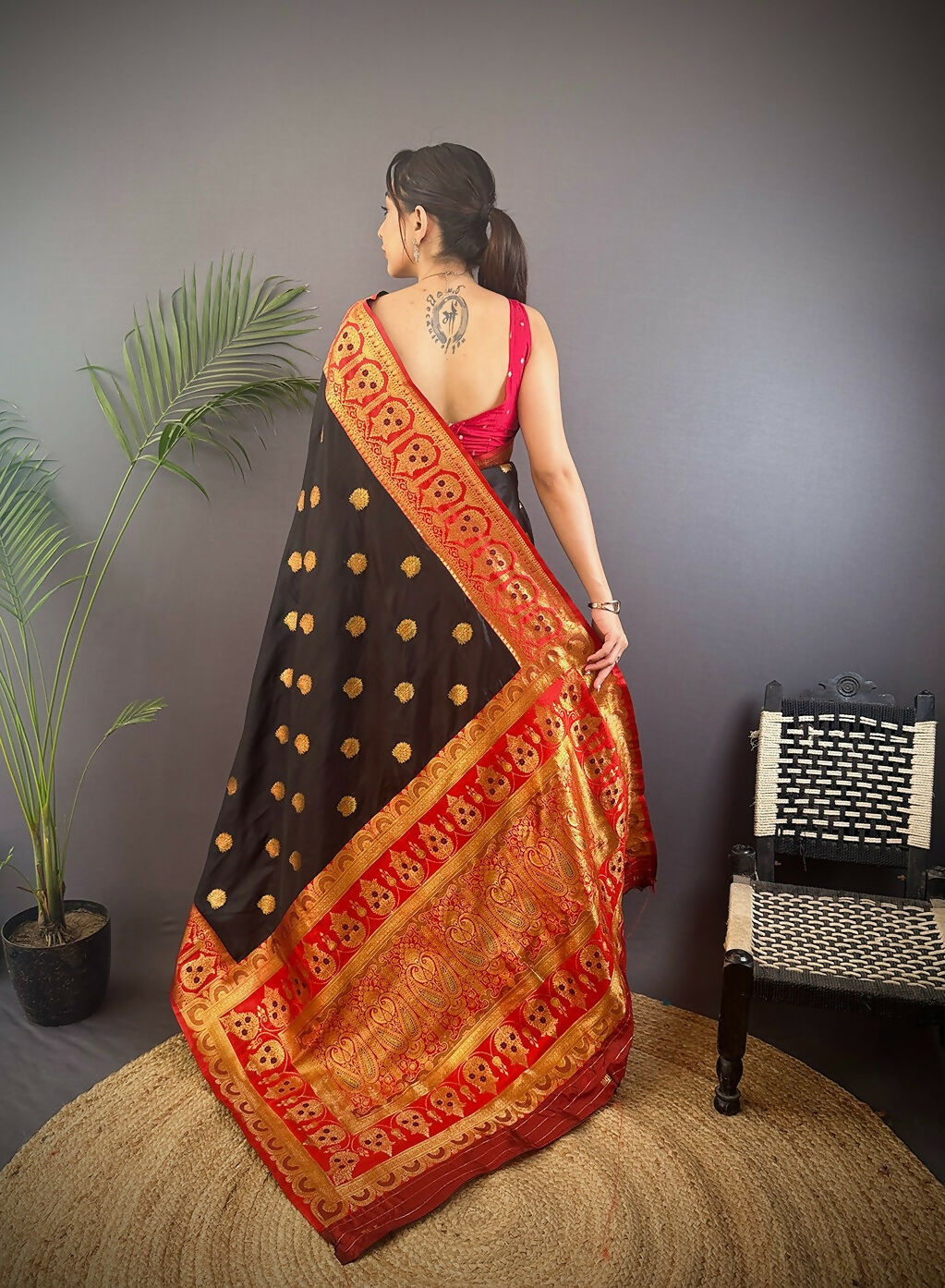 Red Butti Banarasi Silk Saree with Unstitched Blouse