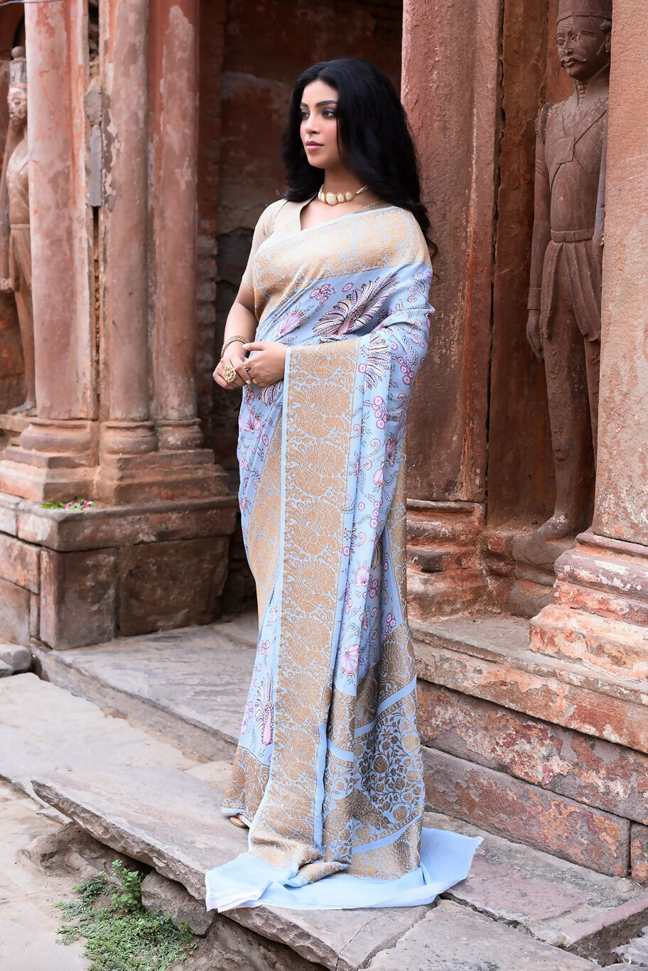 Light Blue Crepe Chiffon Handloom Banarasi Silk Saree