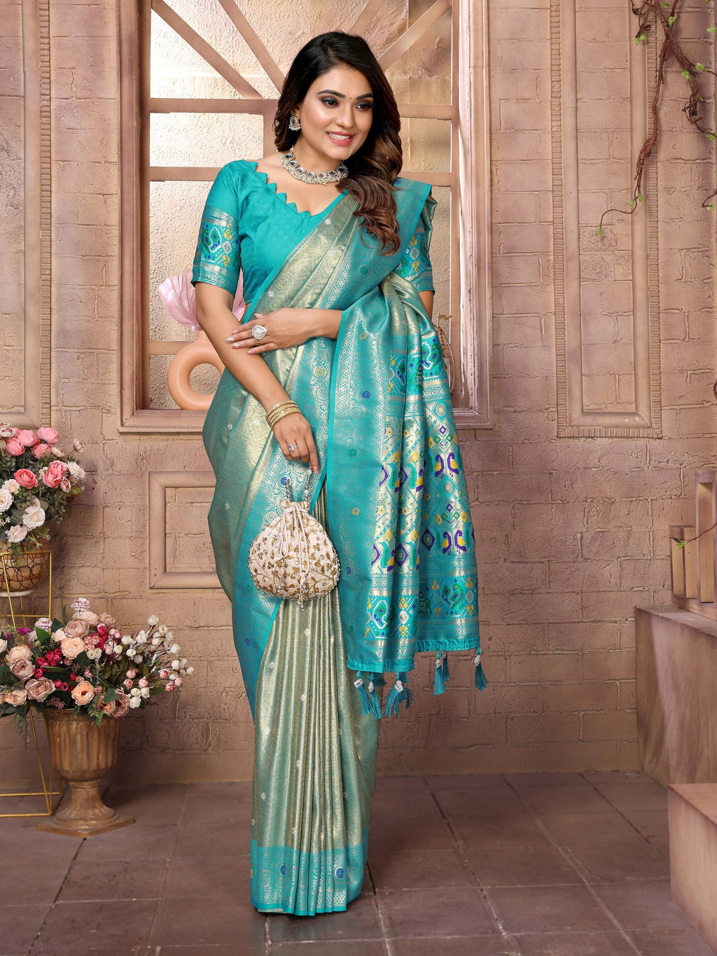 Sea Green Banarasi Tissue Silk Saree with Weaving Work