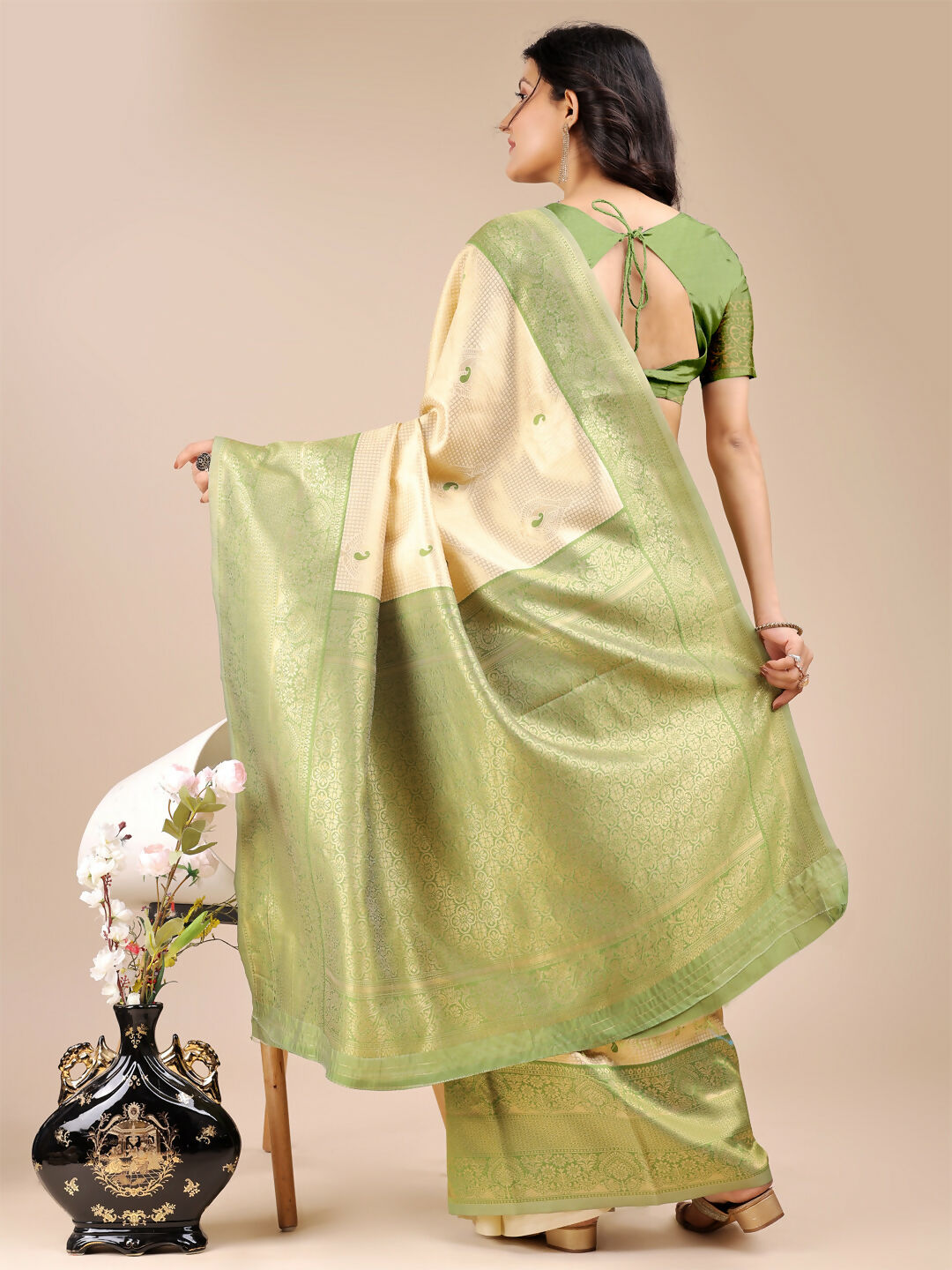 Cream and Light Green Banarasi Silk Saree for Festive Wear
