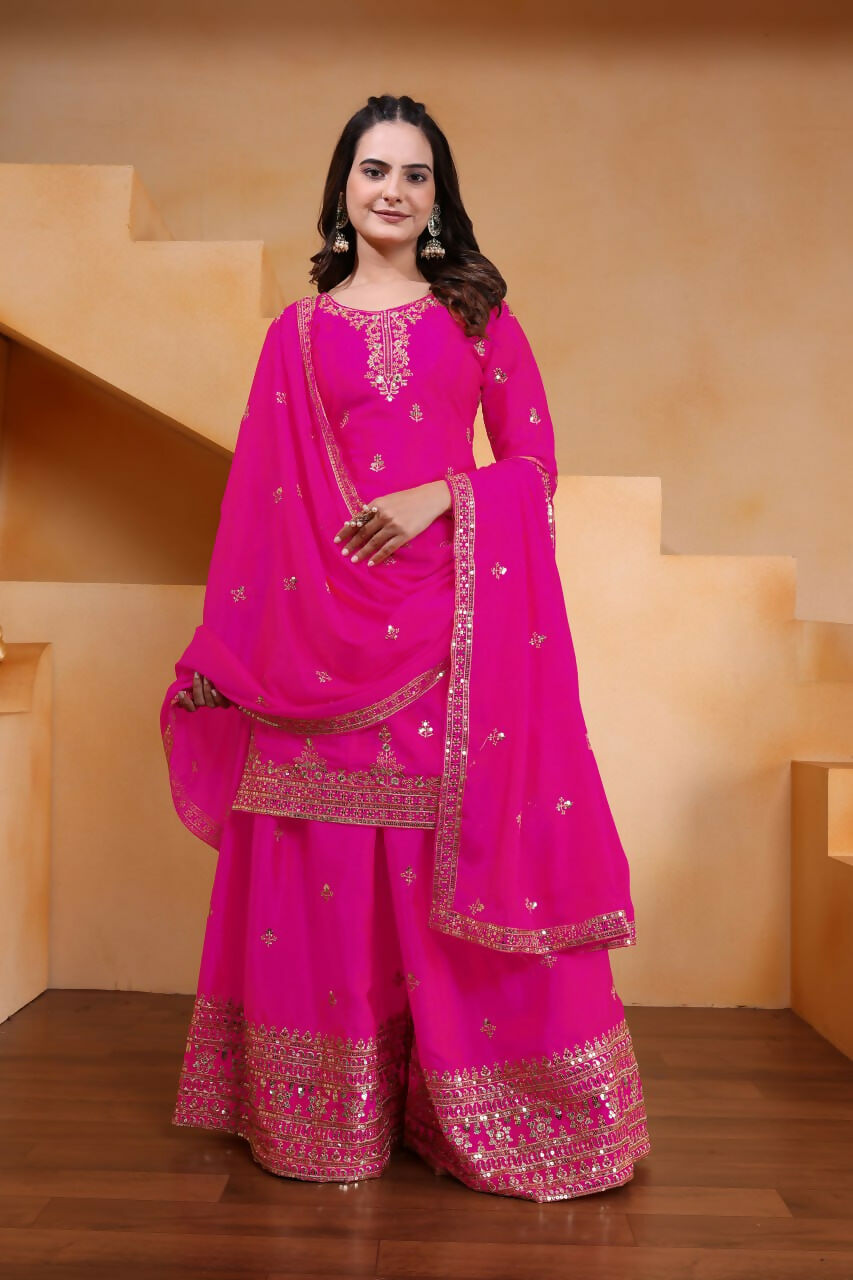 Pink Silk Embroidered Sharara Set for Festive Occasions