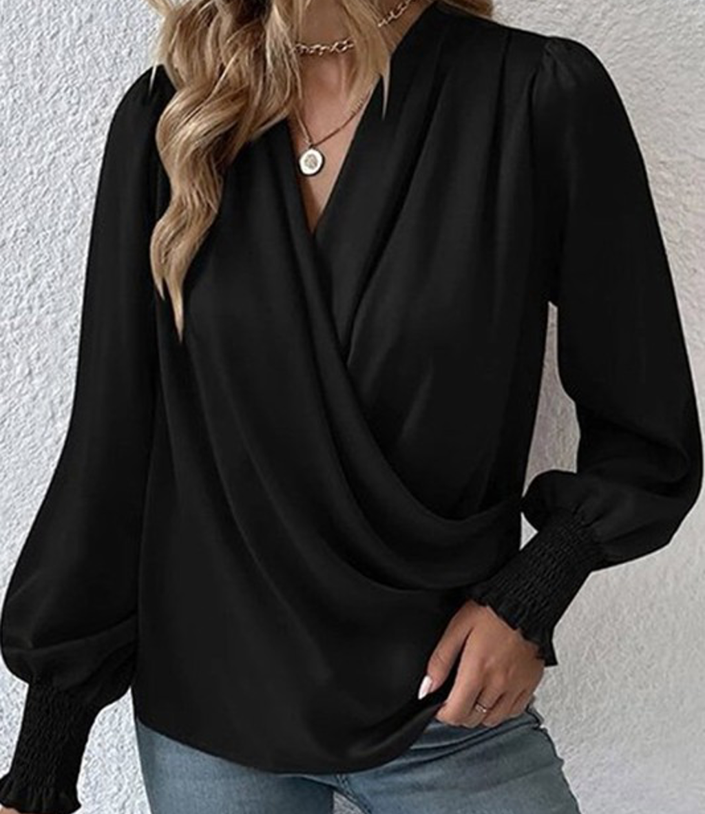 Drape V Neck Smocked Long Sleeve in Black worn with a flattering silhouette