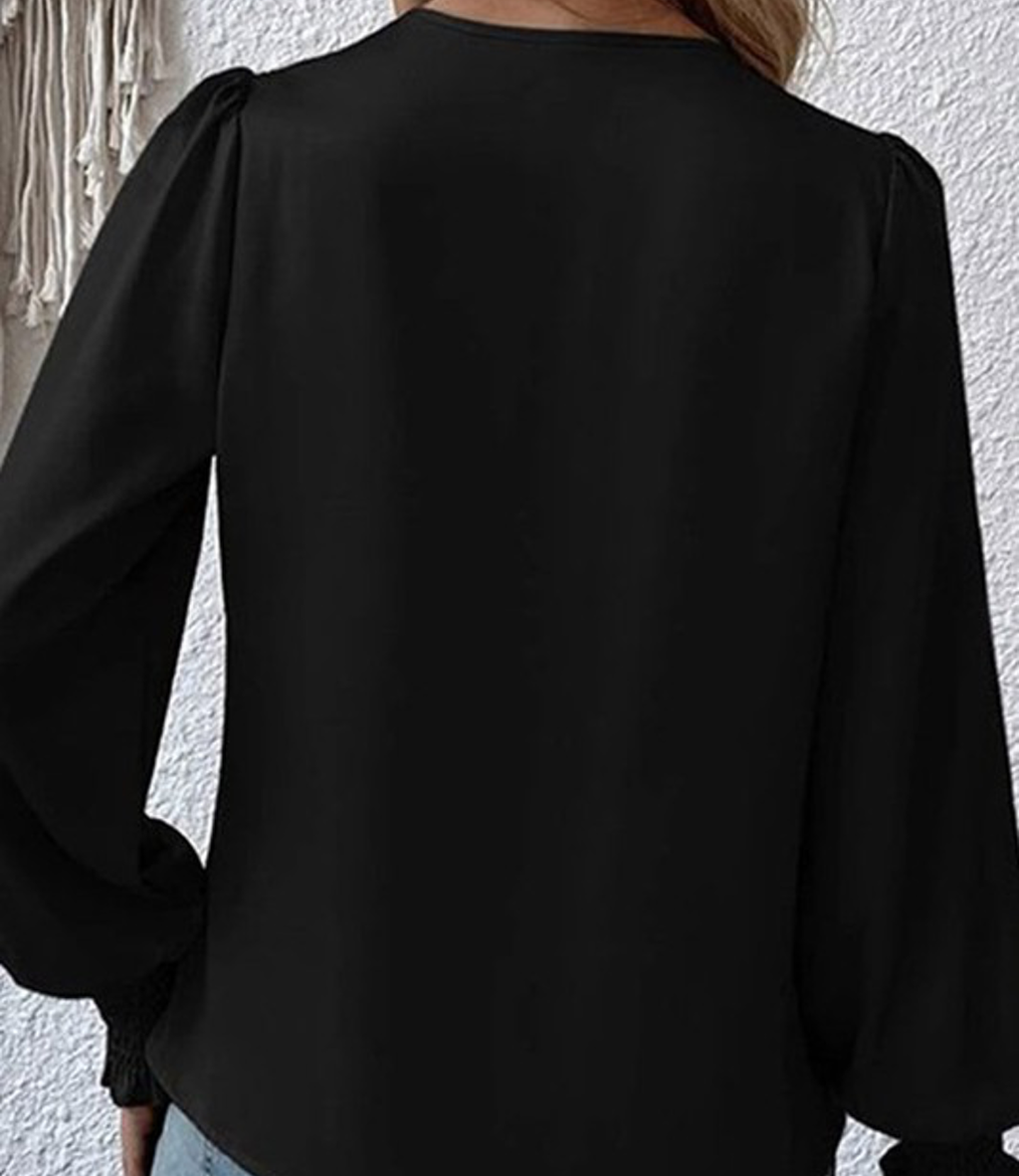 Drape V Neck Smocked Long Sleeve Blouse in Black