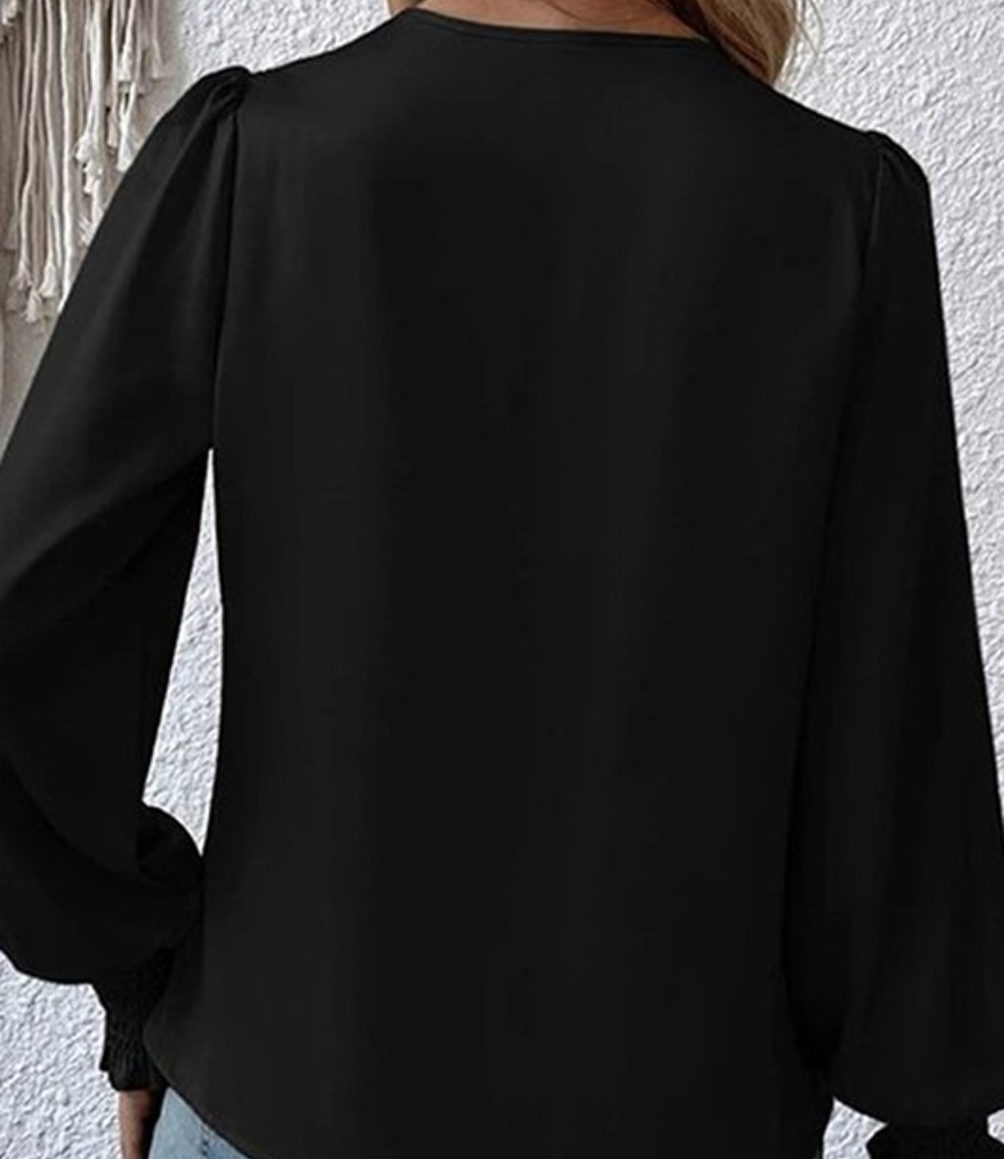 Drape V Neck Smocked Long Sleeve Blouse in Black