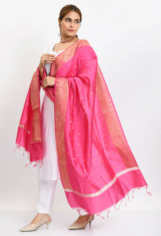 Women's Pink Banarsi Silk Woven Dupatta with Gold Accents