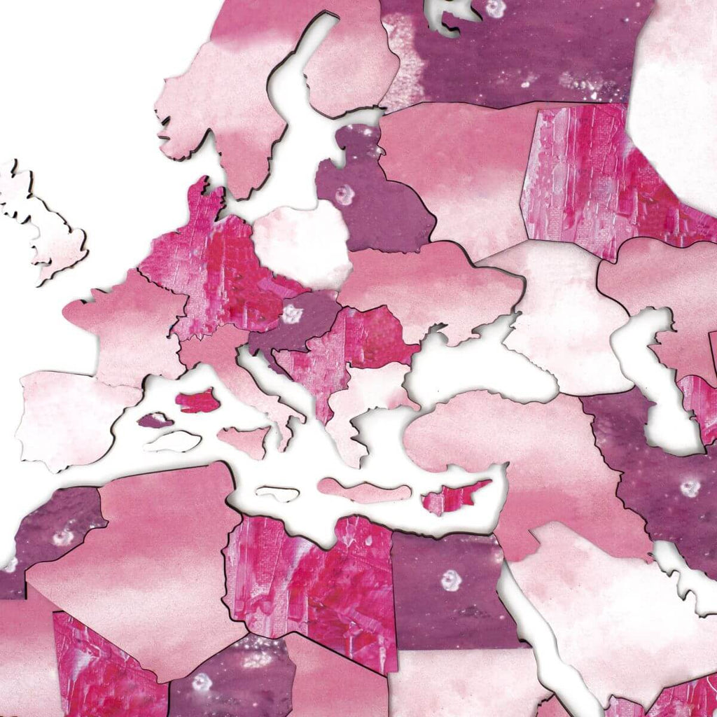 3D Wooden World Map Wall Art, Large Ombré Pink Geometric Decor