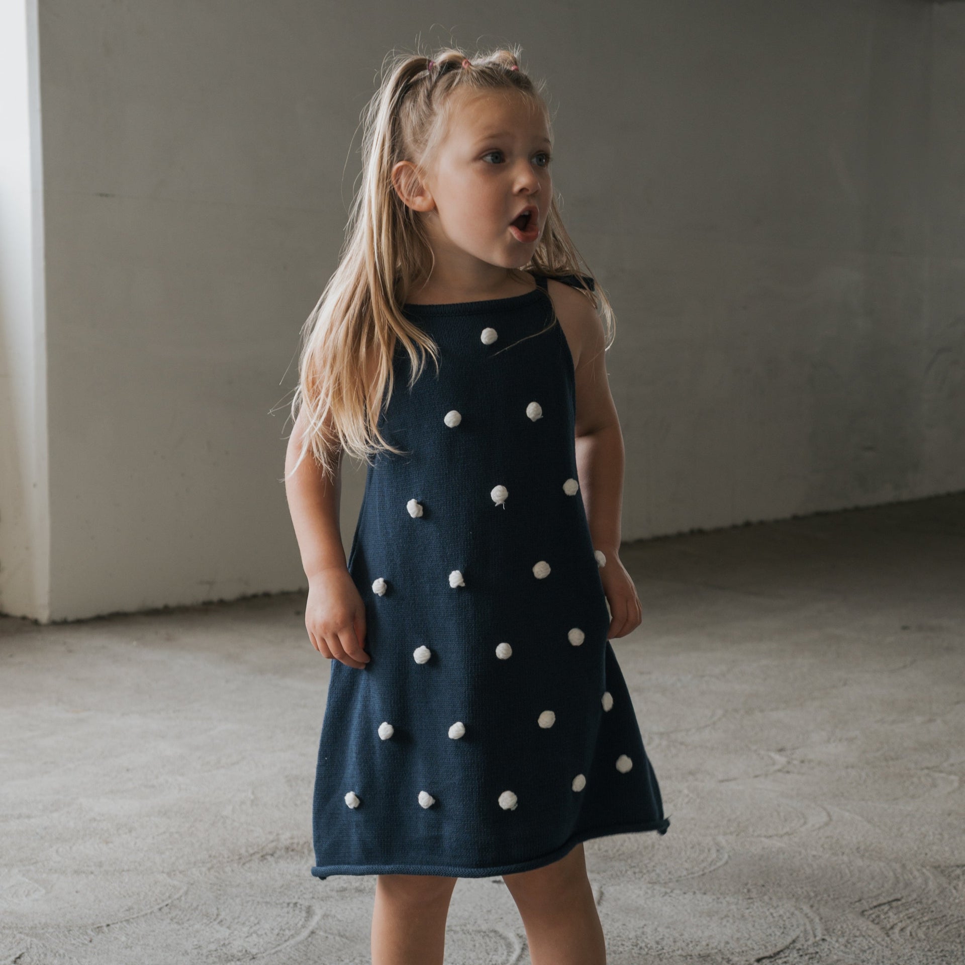 Emery Knit Dress with Tie Straps in Navy Blue