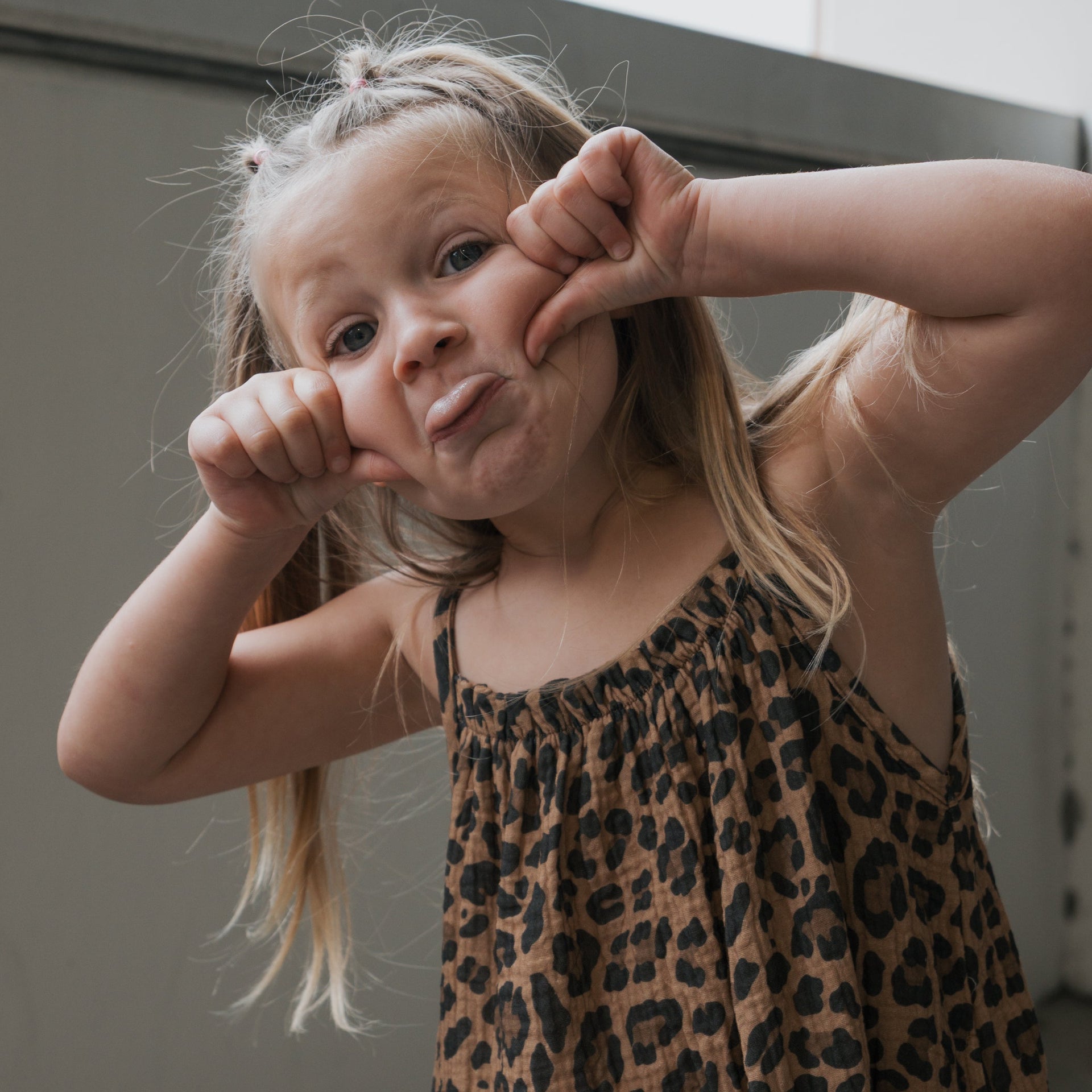 Kids Sleeveless Muslin A-Line Dress in Leopard Print