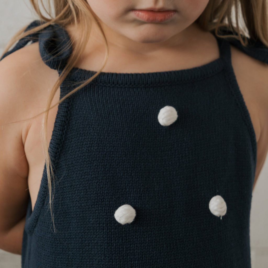 Emery Knit Dress with Tie Straps in Navy Blue