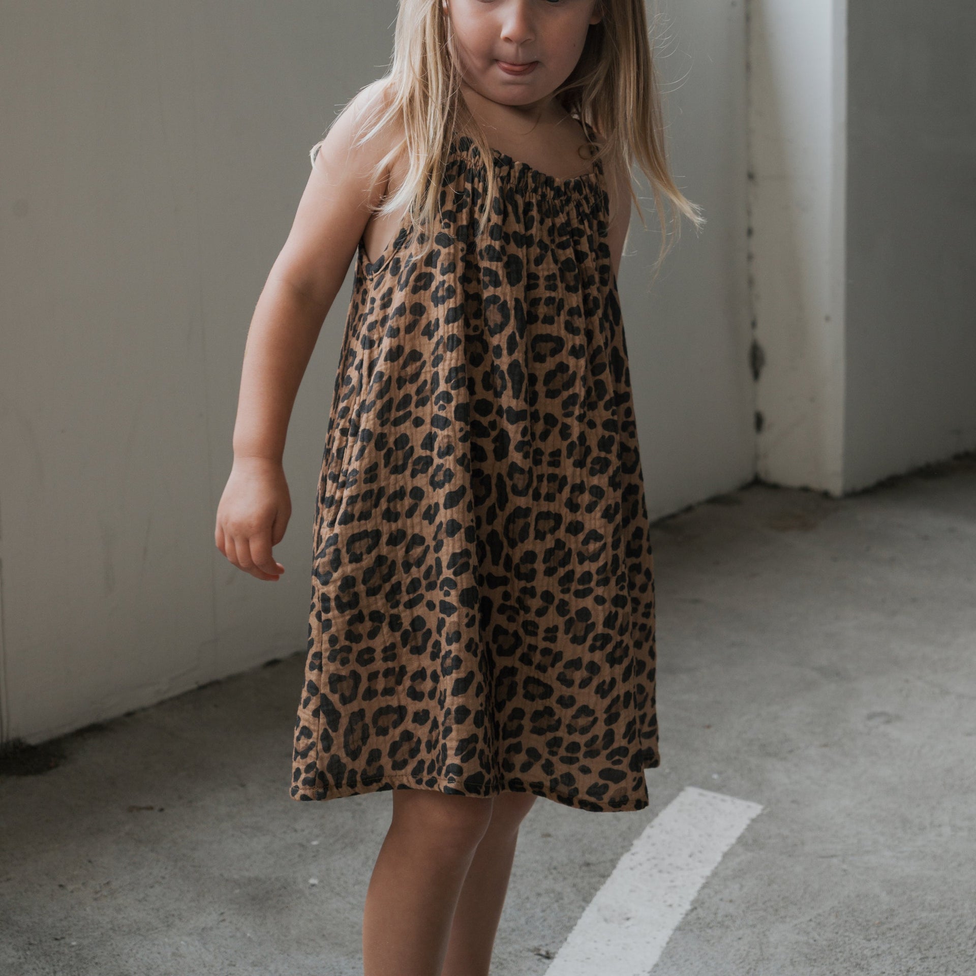 Kids Sleeveless Muslin A-Line Dress in Leopard Print