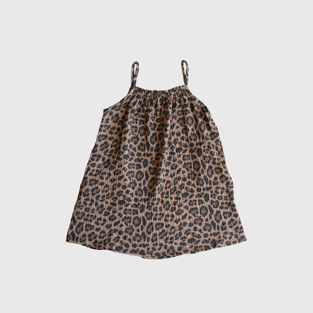 Kids Sleeveless Muslin A-Line Dress in Leopard Print