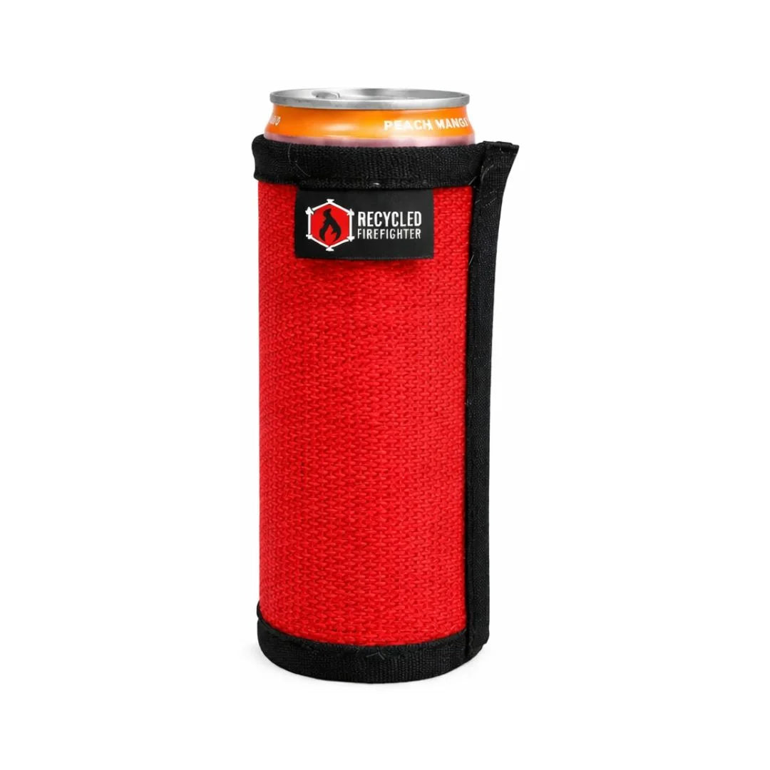 Close up of a vibrant red recycled firehose drink sleeve for skinny cans featuring black trim and industrial hook-and-loop closure.