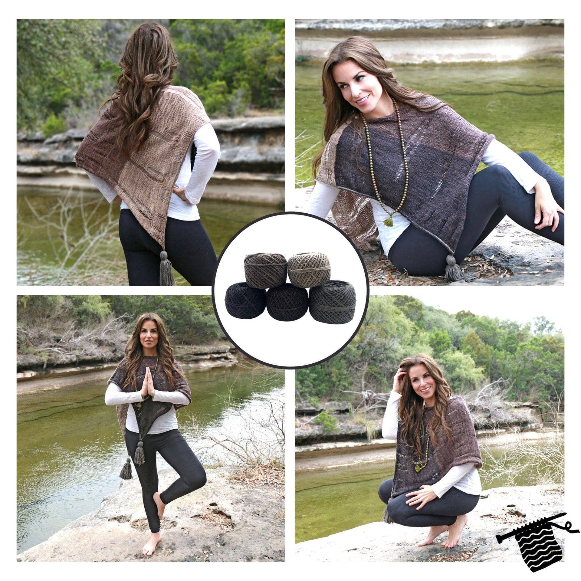 A finished lightweight hand-knitted poncho made from colorful recycled silk yarn.