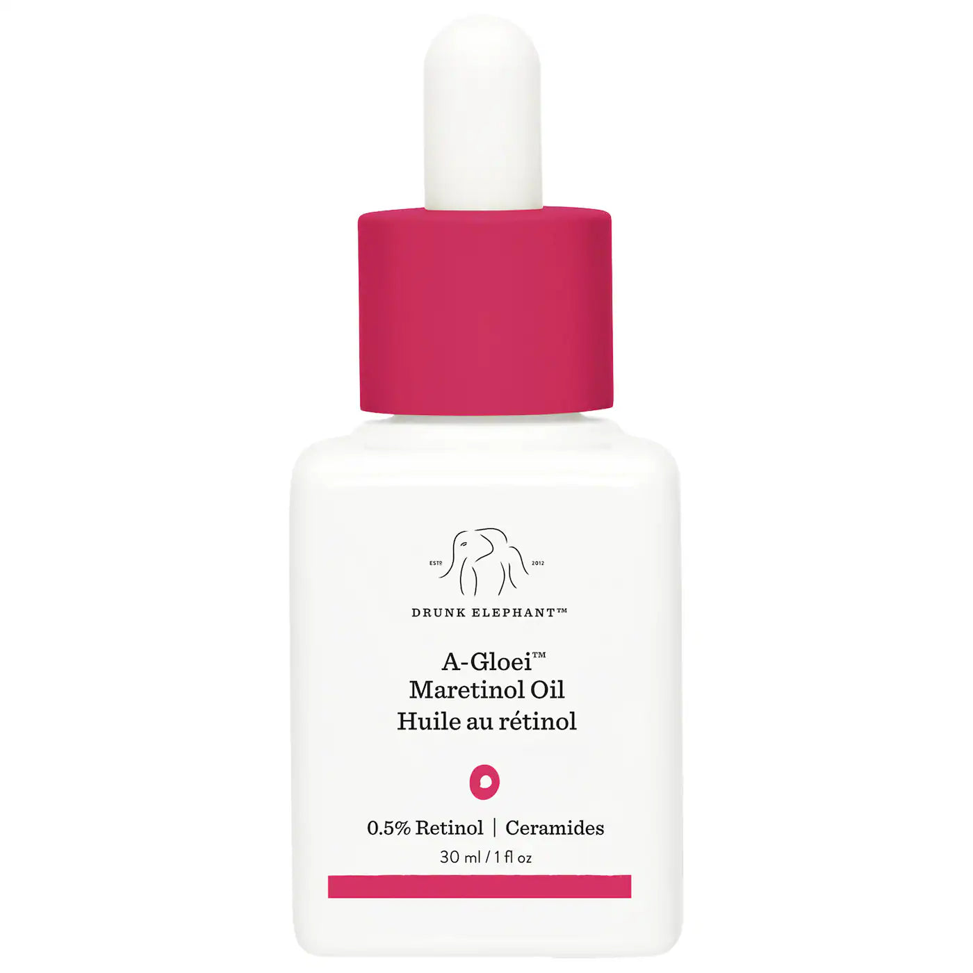 White and pink bottle of Drunk Elephant A-Gloei Maretinol Oil