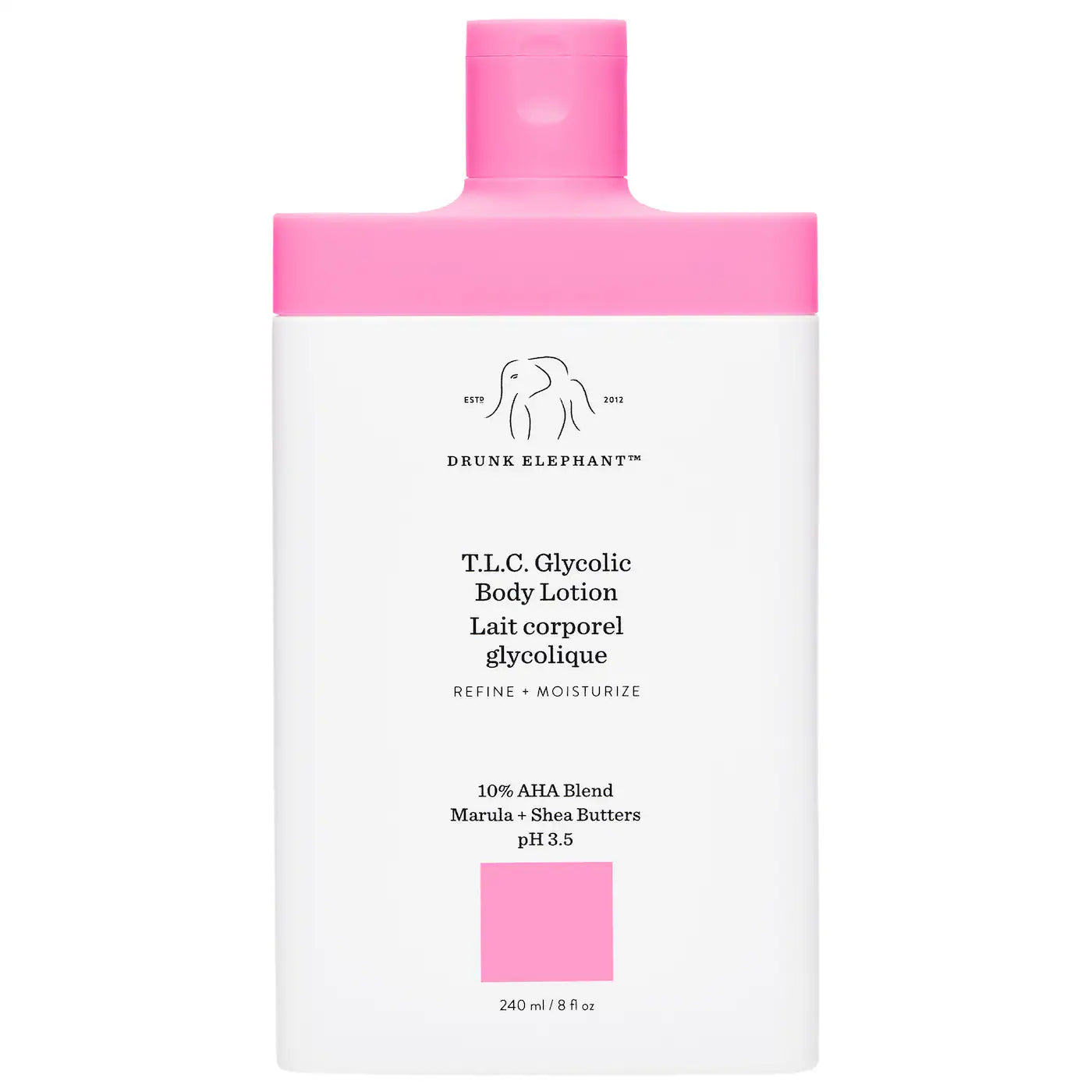 Drunk Elephant T.L.C. Glycolic Body Lotion in pink and white 8oz bottle