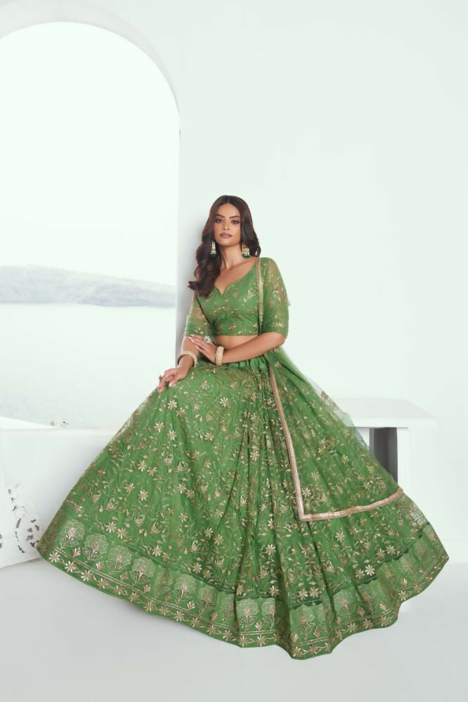 Pista Green Butterfly Net Lehenga Choli With Thread & Sequence Work
