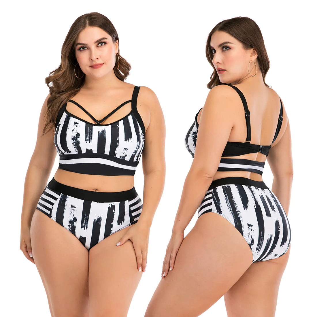 Women's Black and White Printed High Waist Bikini Swimsuit - Image 2