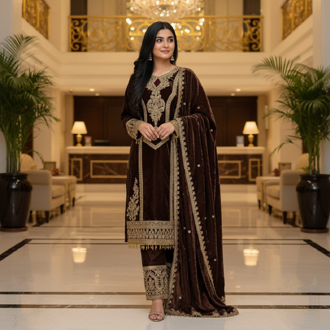 Coffee colored velvet kurta set with ornate embroidery and sequence detailing