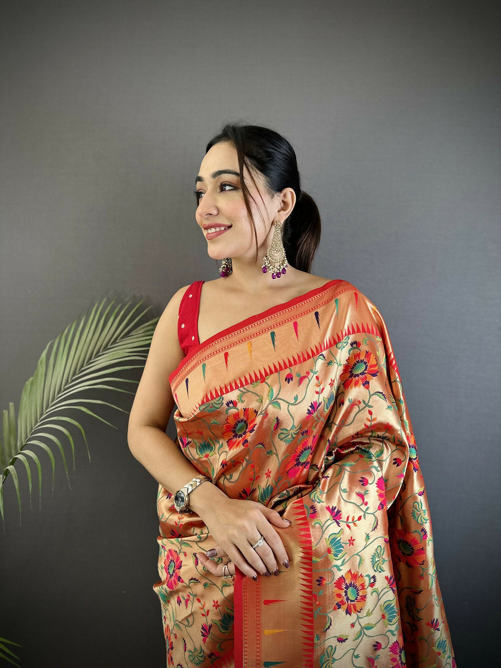Light Orange Floral and Peacock Motif Soft Silk Paithani Saree