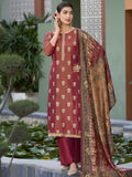 Woman wearing a maroon pure silk jacquard woven kurta set with matching trousers and a digital print dupatta.