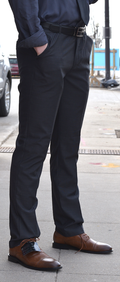 Close-up view of charcoal dress pants featuring a tailored fit and clean finish.
