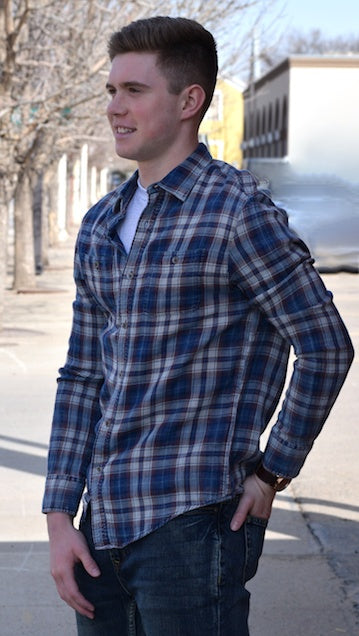 Indigo plaid long sleeve button up shirt made of 100% cotton