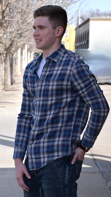 Indigo Plaid Long Sleeve Button Up Shirt in 100% Cotton