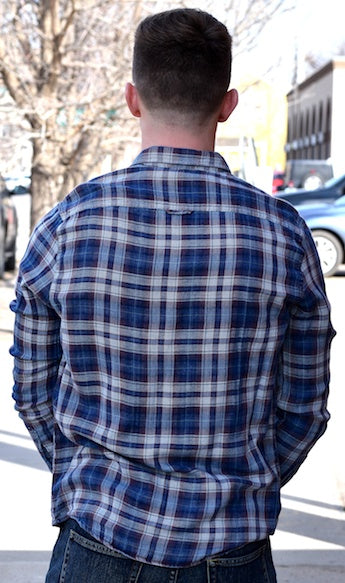 Indigo Plaid Long Sleeve Button Up Shirt in 100% Cotton