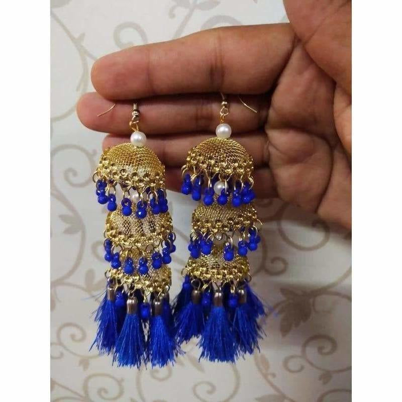 Gold net design jhumkas featuring blue pearls and silk thread accents